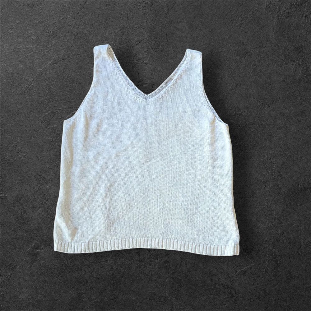 Women's Nordstrom Linen Blend Size L Petite Bone Color Sleeveless Top V Neck